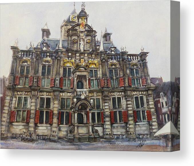 Architecture Canvas Print featuring the painting Delft City Hall by Henrieta Maneva