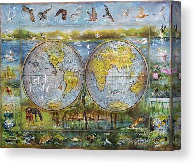 Danube Delta Canvas Print featuring the painting Danube Delta Map.Delta Map painted on leather. Original map.One of a kind map. by Vali Irina Ciobanu