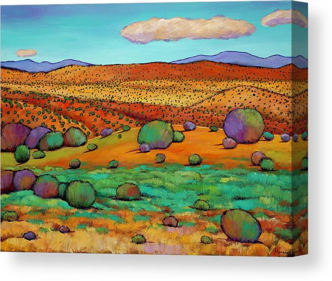 New Mexico Desert Landscape Southwestern Desert Cactus Sagebrush Cactus Vibrant Colors Blue Skies Clear Sky Western Santa Fe New Mexico Albuquerque Rocky Mountains Desert Taos Sage Contemporary Sangre De Cristo Modern Mountains Vibrant Bright Cheerful Juniper New Mexico Expressive Color Southwest Landscape Art Rocky Mountainsorange Yellowexpressiveartcontemporary Artmodernghost Ranchhigh Desert Art Colorful Art Puffy Clouds Rolling Hills Distant Desert Canvas Print featuring the painting Desert Day by Johnathan Harris