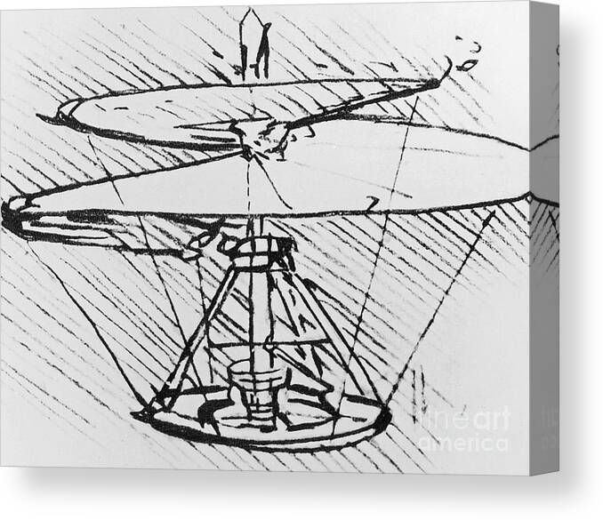 Helicopter Canvas Print featuring the drawing Detail of a design for a flying machine by Leonardo Da Vinci