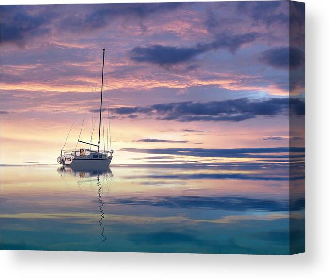 Ocean Sunset Canvas Print featuring the photograph Drifting Yacht At Sunset by Gill Billington