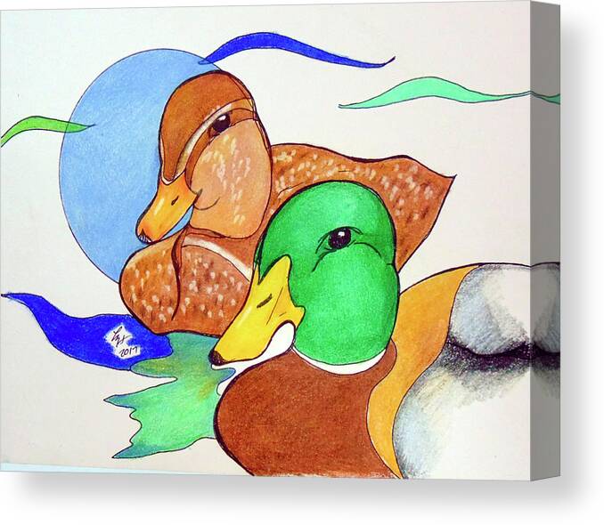 Ducks Canvas Print featuring the drawing Ducks2017 by Loretta Nash