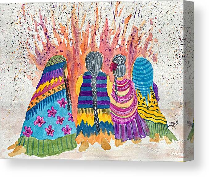 Earth Mothers Canvas Print featuring the painting Earth Mothers - Feeding the Fire by Ellen Levinson