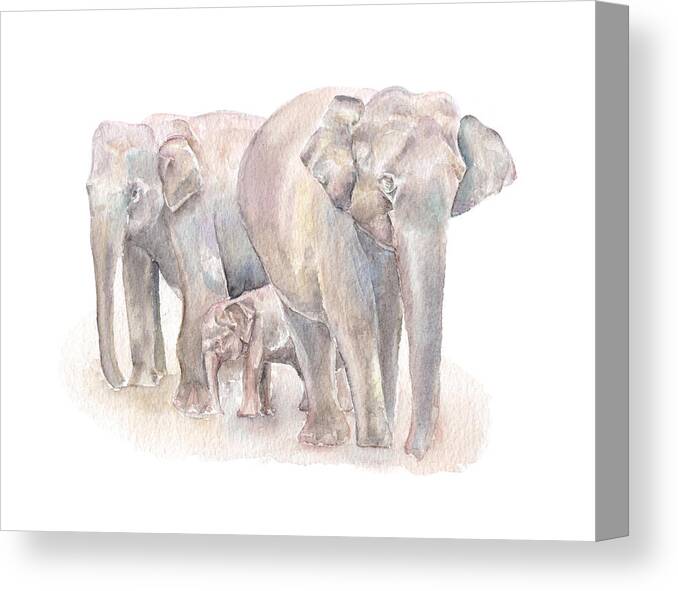 Watercolour Canvas Print featuring the painting Elephant Family by Elizabeth Lock
