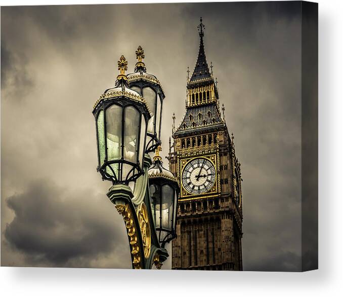 April 2015 Canvas Print featuring the photograph Elizabeth Tower and Lamp on Westminster Bridge by Nicky Jameson