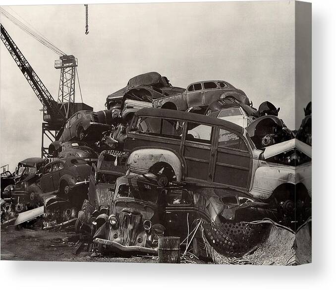 Framed Photography Art Of Woody�s. Junk Yard Art. Framed Black And White Photos Of Junk Yard Cars. Black And White Prints Of Woody�s. Prints Of Cool Wood-paneled Station Wagons. Wrecked 1946 Ford Woody�s. Prints Of 1941 Chrysler Town & Country Convertibles. Prints Of 1948 Ford Sportsmen Convertibles. Prints Of 1950 Ford Woody�s. Canvas Print featuring the photograph JUnk Yard of Woody Dream Cars by Jack Pumphrey