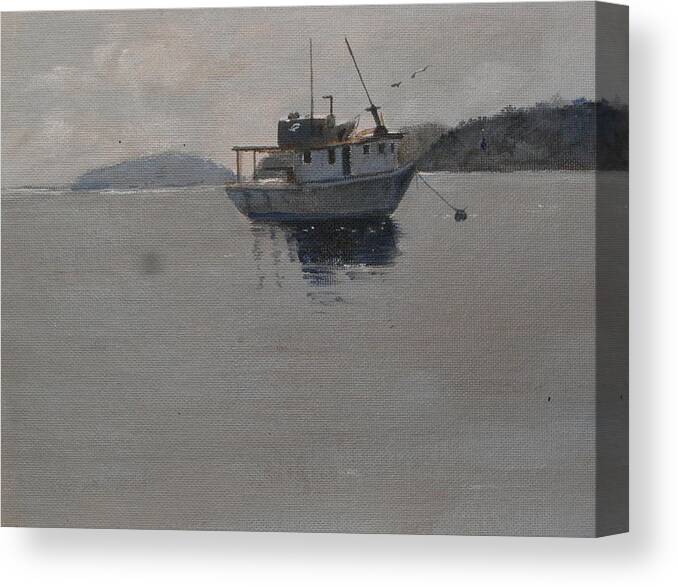 Walt Maes Canvas Print featuring the painting Fishing boat in Bay of Nicoya at dusk by Walt Maes