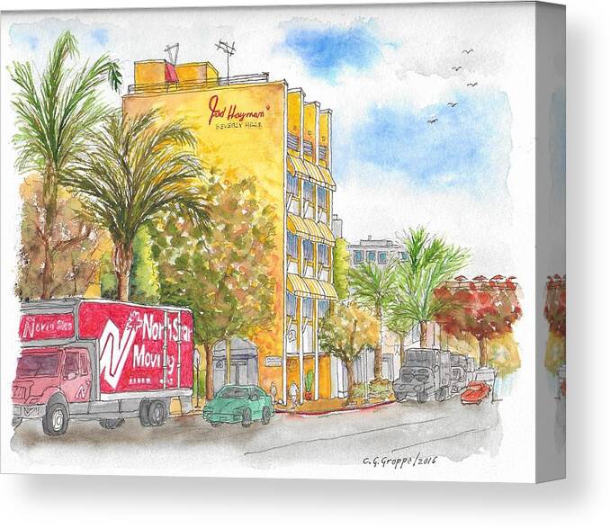 Fred Hayman Building Canvas Print featuring the painting Fred Hayman Building, Cannon Dr and Clifton, Beverly Hills, CA by Carlos G Groppa