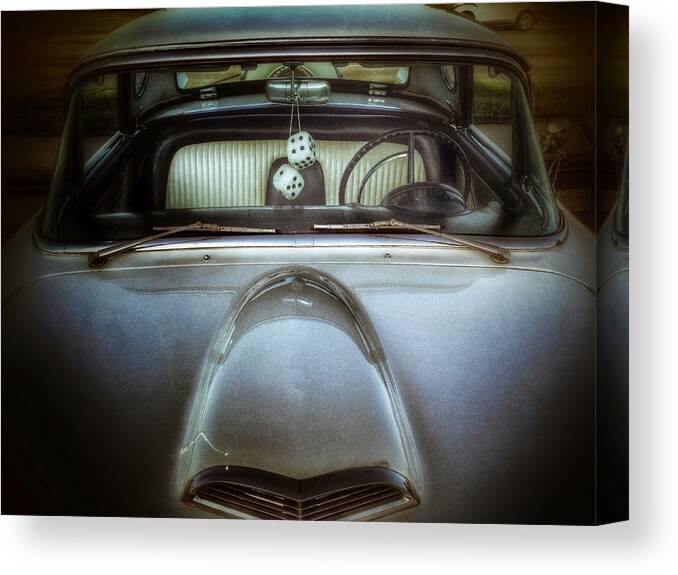 Wall Art Poster Blackandwhite Bw Bnw Black White Car Automotive Mobile Travel Road Classic Old Antique Thunderbird Ford Dreamy Roadshow Carshow Dice Window Front Mirror Steering Wheel Hood Dark Canvas Print featuring the photograph Fred Tthunderbird front 2 by Andrew Rhine