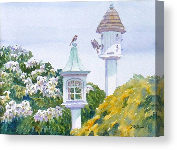 Bird Painting Canvas Print featuring the painting Garden Birdhouses by Janet Zeh