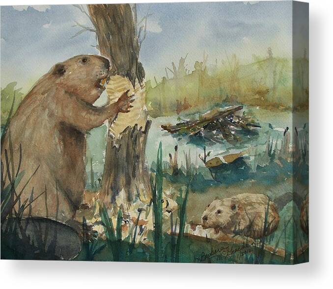 Gnawing Beaver Canvas Print featuring the painting Gnawing Beaver by Barbara McGeachen