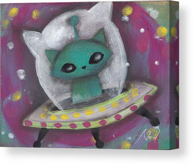 Mid Century Modern Canvas Print featuring the painting Green Alien Cat by Abril Andrade