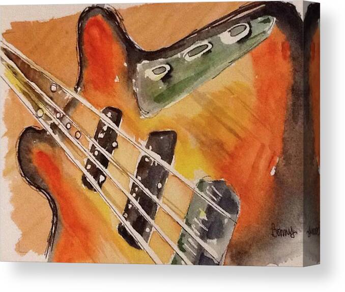 Guitar Canvas Print featuring the painting Fender Sunburst Jazz Bass by Bonny Butler
