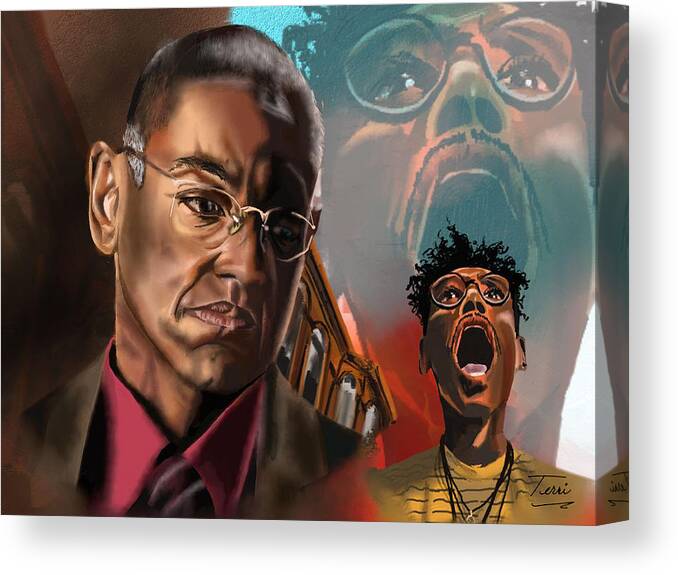 Gus Fring Canvas Print featuring the drawing Gus Is Buggin' Out by Terri Meredith