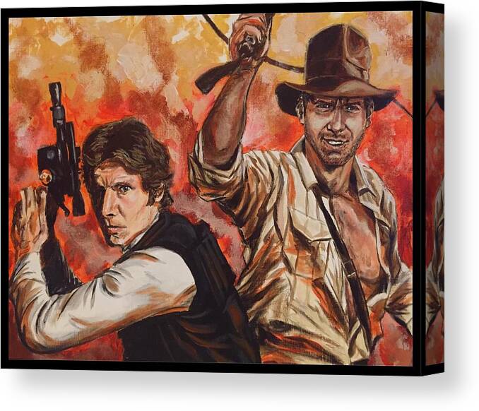 Han Solo Canvas Print featuring the painting Han Solo and Indiana Jones by Joel Tesch