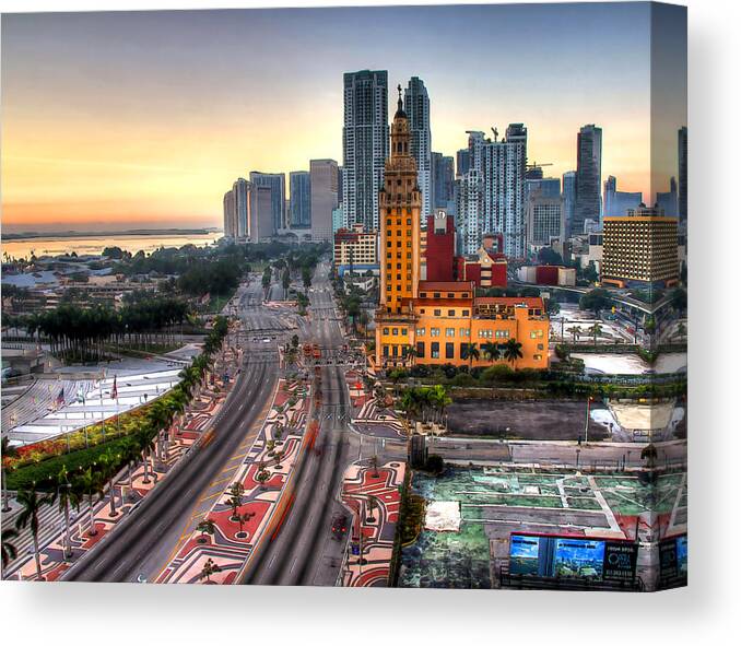 Miami Canvas Print featuring the photograph HDR Miami Downtown Sunrise by Joe Myeress