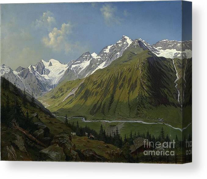 Hubert Sattler The Valley Of Ferleiten With The Wiesbachhorn In The Salzburg Salzburg 1863 Oil On Canvas Canvas Print featuring the painting he valley of Ferleiten with the Wiesbachhorn in the Salzburg by MotionAge Designs