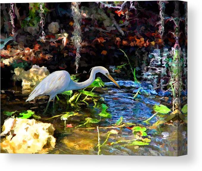 Tropical Canvas Print featuring the painting Heron in Quiet Pool by David Van Hulst