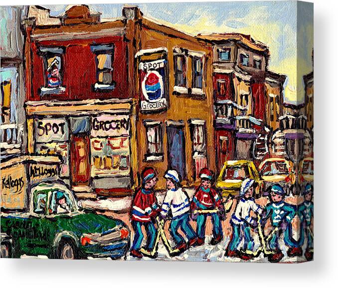 Montreal Canvas Print featuring the painting Hockey Art Montreal Memories Spot Grocery Original Canadian Painting Winter Scenes Carole Spandau by Carole Spandau