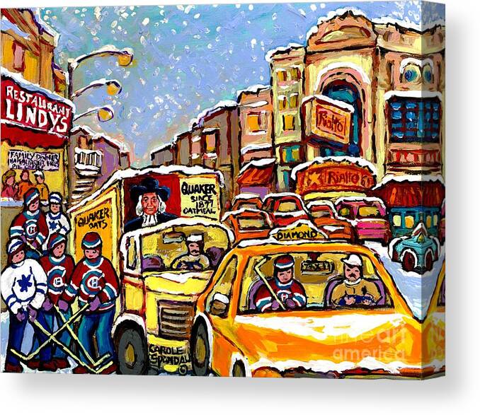 Montreal Canvas Print featuring the painting Hockey Kids On Main Street Montreal Memories Lindy's Restaurant Rialto Theatre Canadian Winter Scene by Carole Spandau