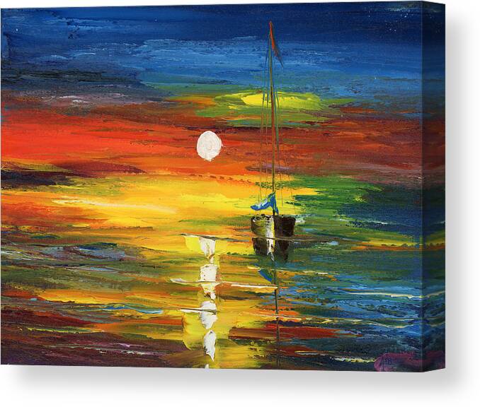 Oil Painting Art Artwork Acrylic Impressionist Impressionism Palette Knife Texture Giclee Print Reproduction Color Colour Colorful Bright Morning Evening Sail Sailing Two Boats Warm Passion Water Aqua Marina Nautical Love Relaxation Passion Racing Searching Nature Fish Fishing Surviving Violet Blue Yellow Green Pintura Impressionista Pescar Botes Agua Azula Amarilla Verde Passion Amor Navegacion Vela Buscando Paz Sobrevivir Color Colour Colourful Canvas Print featuring the painting Horizon Sail by Ash Hussein