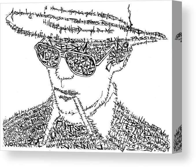 Hunter Thompson Canvas Print featuring the drawing Hunter S. Thompson Black and White Word Portrait by Inkpaint Wordplay