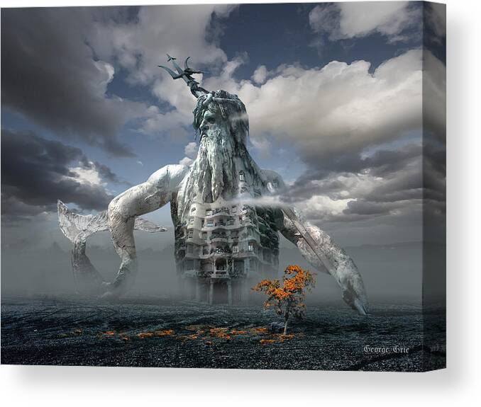 Poseidon God Greek Roman Sculpture Antonio Gaudi Modernism Contemporary Surrealism Building Allegorical Canvas Print featuring the digital art Inadvertent Metamorphosis or King of my Castle by George Grie
