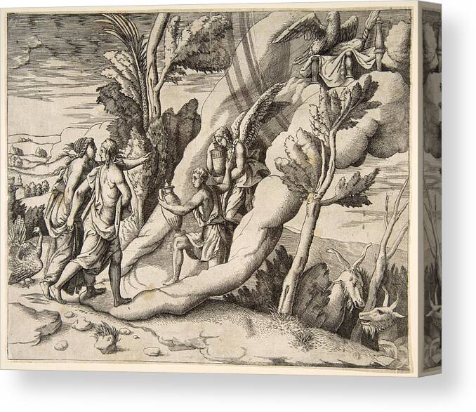 Giulio Bonasone Canvas Print featuring the drawing Jupiter and Juno being received in the heavens by Ganymede and Hebe by Giulio Bonasone