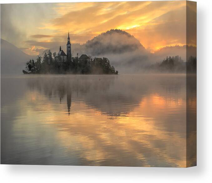 Slovenia Canvas Print featuring the photograph Lake Bled Sunrise Slovenia by Tom and Pat Cory