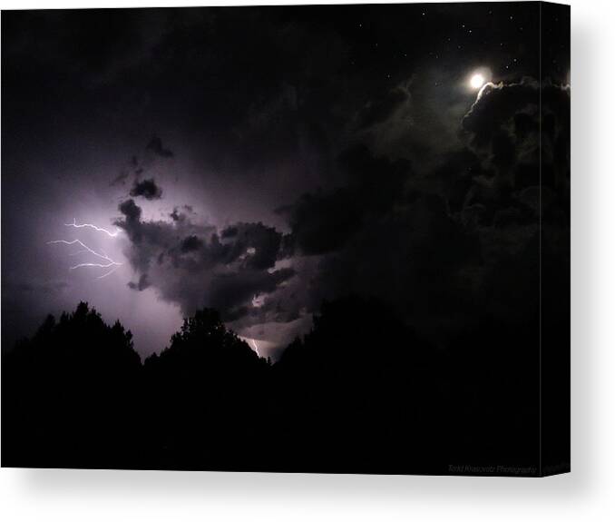 Lightning Photo Canvas Print featuring the photograph Lightning with Stars and Moon by Todd Krasovetz