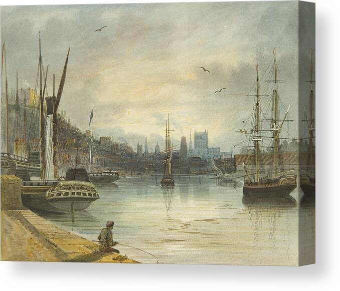 Fishing Canvas Print featuring the painting Looking up the Floating Harbor towards the Cathedral by Thomas Leeson the Elder Rowbotham