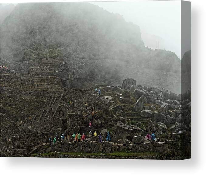 Landscape Canvas Print featuring the photograph Machu Picchu, visitors at dawn, 2013 by Chris Honeyman