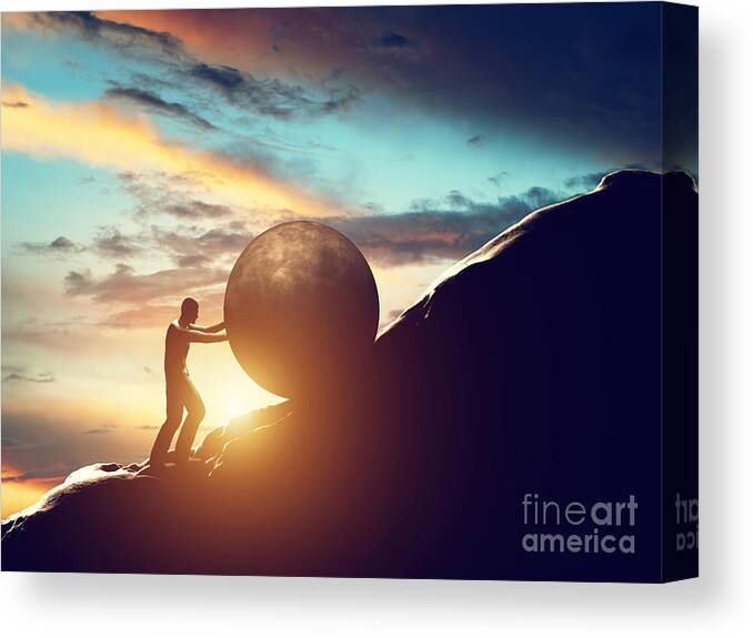 Sisyphus Canvas Print featuring the photograph Man rolling huge concrete ball up hill by Michal Bednarek