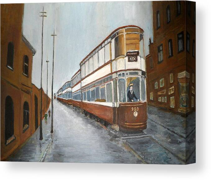 Manchester Piccadilly Tram Canvas Print featuring the painting Manchester Piccadilly tram by Peter Gartner