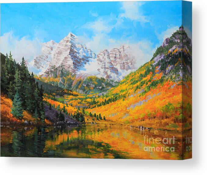 Snowy Maroon Bells Golden Aspen Forest Tree Canvas Print featuring the painting Maroon Bells by Gary Kim