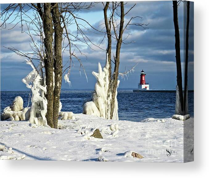 Menominee Lighthouse Canvas Print featuring the photograph Menominee Lighthouse Ice Sculptures by Ms Judi