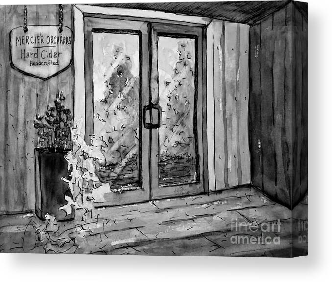 Mercier Orchard Canvas Print featuring the painting Mercier Orchard's Cider in BW by Gretchen Allen