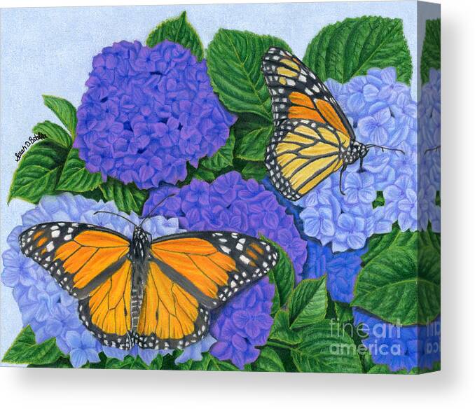 Monarch Butterflies Canvas Print featuring the painting Monarch Butterflies And Hydrangeas by Sarah Batalka