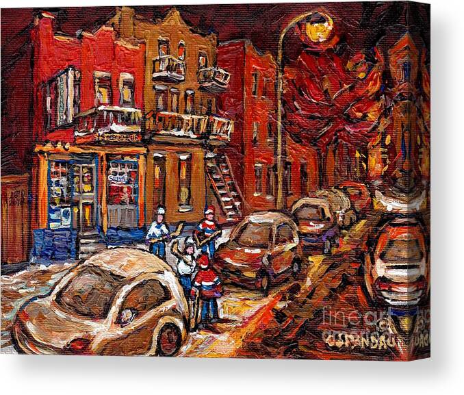 Montreal Canvas Print featuring the painting Montreal Night Scene Painting Hockey Game On Rue Centre At The Depanneur Pointe St Charles Winter by Carole Spandau