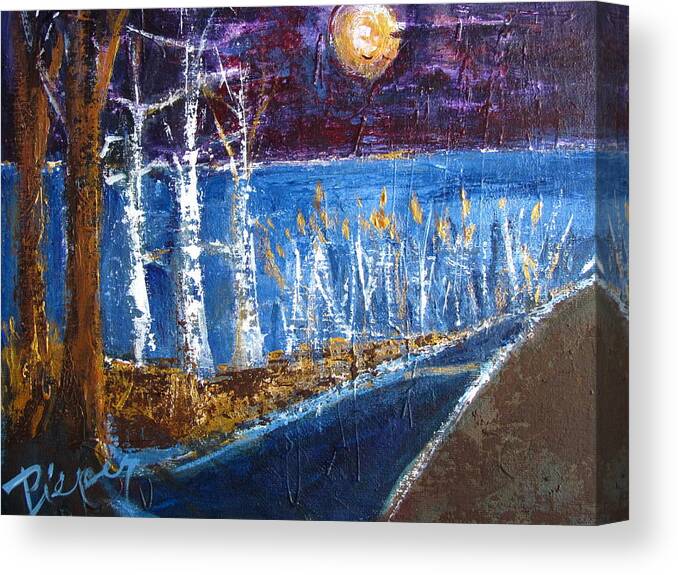 Purple Moon Over Water Canvas Print featuring the painting Moonlight on Path to Beach by Betty Pieper
