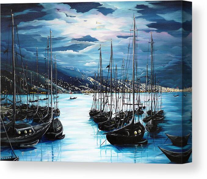 Ocean Painting  Caribbean Seascape Painting Moonlight Painting Yachts Painting Marina Moonlight Port Of Spain Trinidad And Tobago Painting Greeting Card Painting Canvas Print featuring the painting Moonlight Over Port Of Spain by Karin Dawn Kelshall- Best