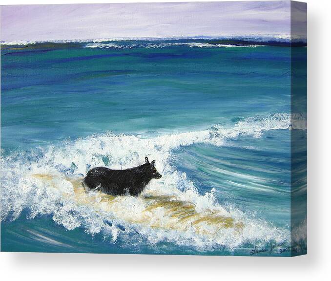 Surf Canvas Print featuring the painting Moonlight Surfer Girl. by Laura Johnson