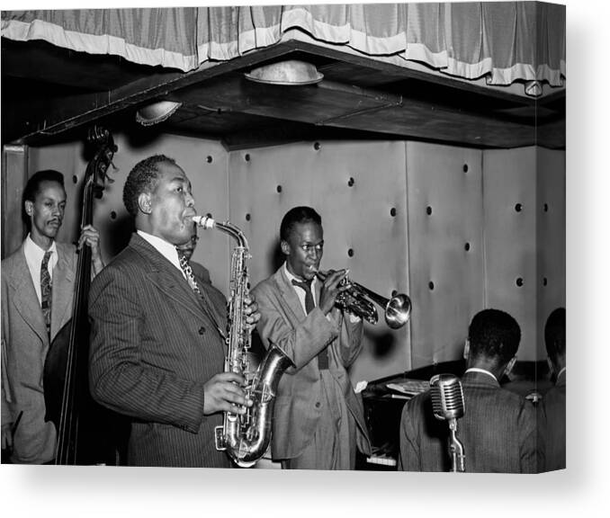 Charlie Parker Canvas Print featuring the photograph Music's Golden Era - Charlie Parker And Miles Davis 1947 by Mountain Dreams