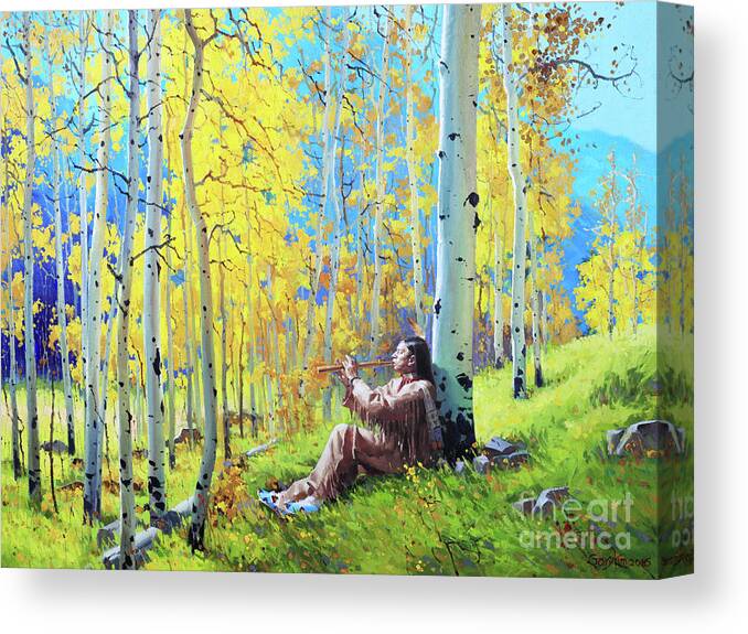 Native American Flute Aspen Native Indian Flute Fall Aspen Trees Birch Garykim Oil Print Art Nature Scenes Healing Grove Patient Santa Fe Fall Trees Mountain Season Beautiful Beauty Yellow Red Orange Fall Leaves Foliage Autumn Leaf Color Mountain Oil Painting Original Art Horizontal Landscape National Park Morning Nature Wallpaper Outdoor Panoramic Peaceful Scenic Sky Travel Vacation Season Bright Autumn National Park America Clouds Landscape Natural Painting Oil Original Vibrant Texture Bluesky Canvas Print featuring the painting Native Spirit by Gary Kim