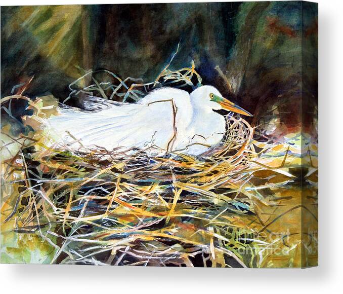 Florida Bird Watercolor Painting Canvas Print featuring the painting Nesting Egret by Joan Dorrill