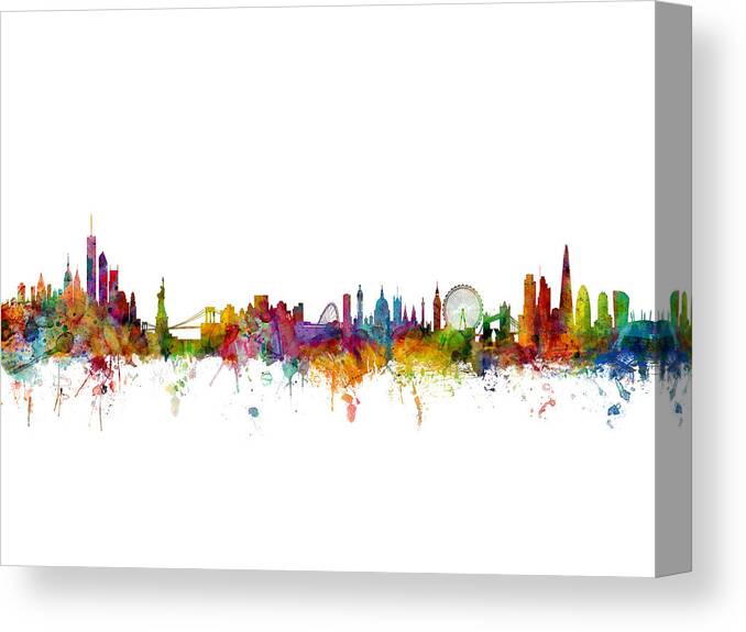 Cityscape Canvas Print featuring the digital art New York and London Skyline Mashup by Michael Tompsett