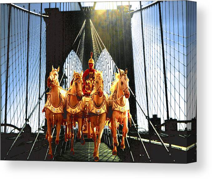 New+york Canvas Print featuring the photograph Caesars Horses on Brooklyn Bridge - New York Fantasy Collage by Peter Potter