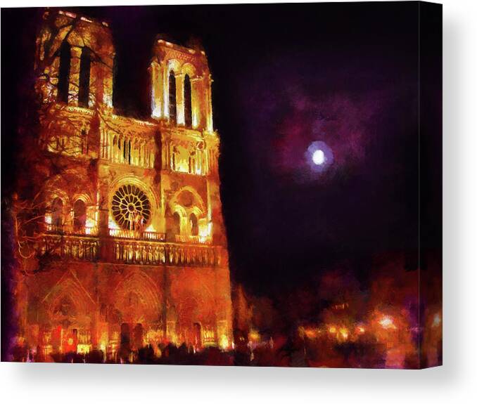 Notre Dame Canvas Print featuring the painting Notre Dame in the Autumn Moonlight by Menega Sabidussi