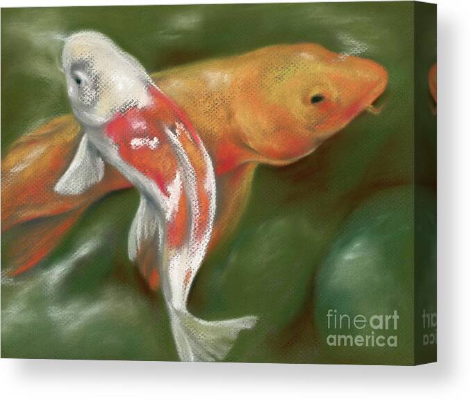 Animal Canvas Print featuring the painting Orange and White Koi with Mossy Stones by MM Anderson
