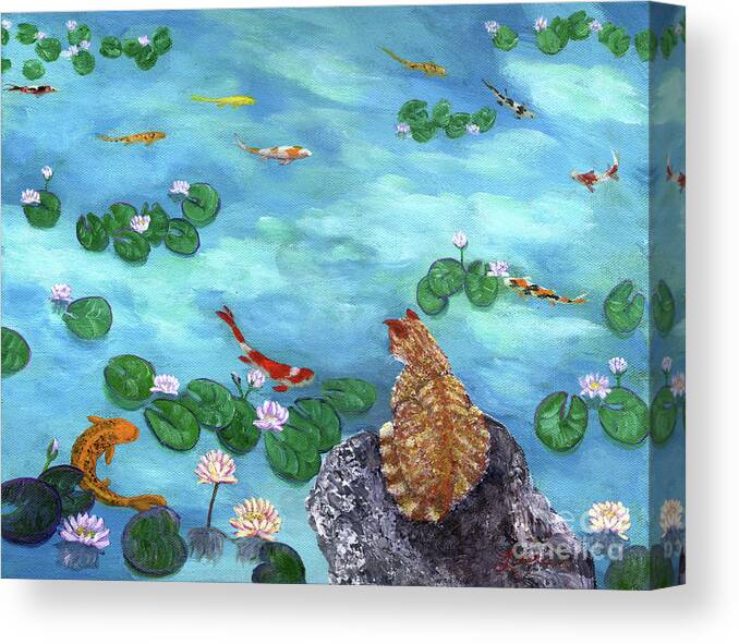 Orange Canvas Print featuring the painting Orange Cat at Koi Pond by Laura Iverson